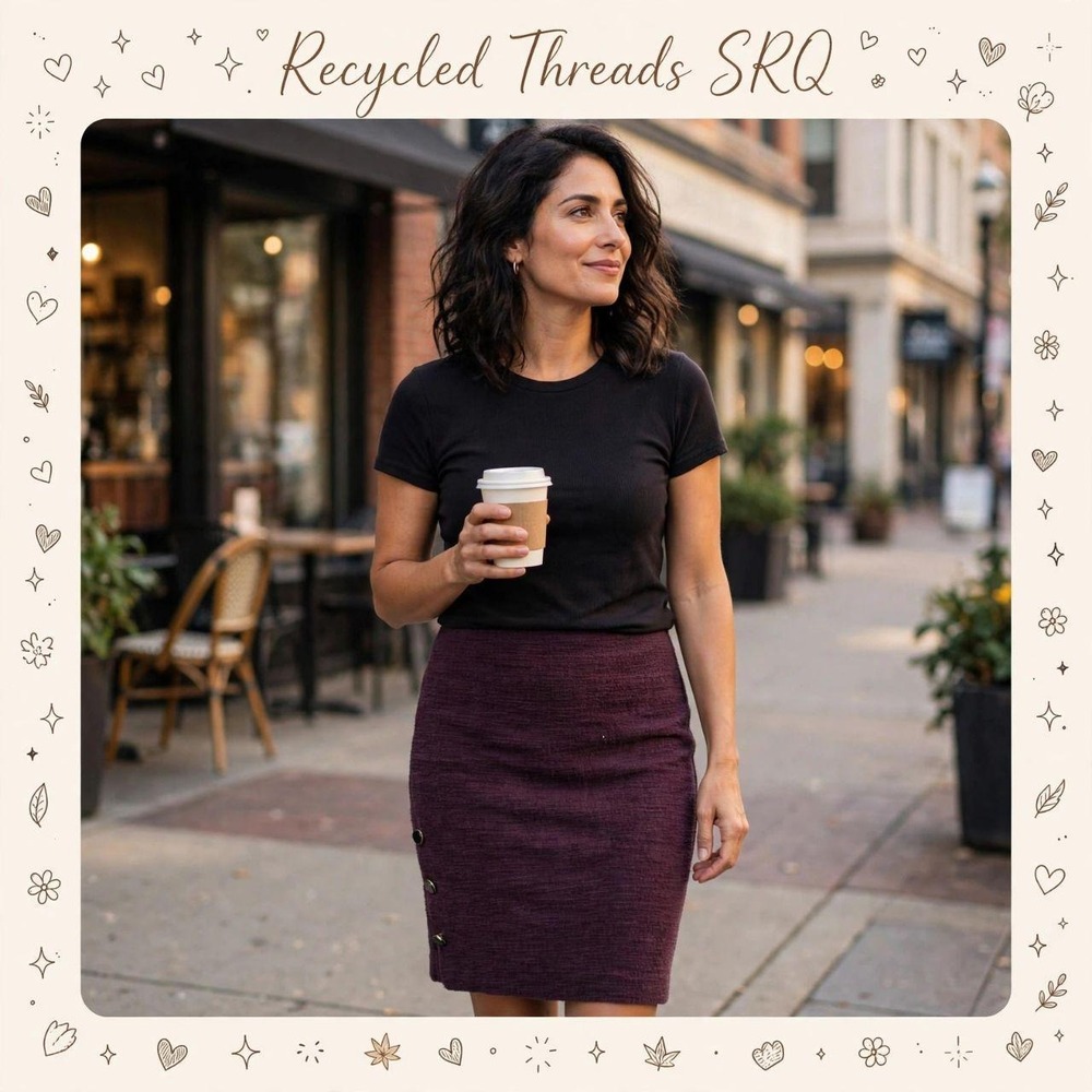 Ann Taylor Womens Plum Purple Textured Knit Pencil Skirt Button Detail Size 8